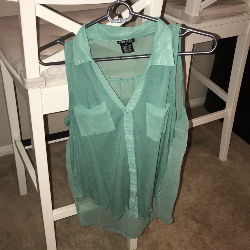 Teal, collared, button down, high/low tank top